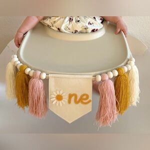One Year High Chair Banner - Pink, Mustard & Cream Tassel Garland
